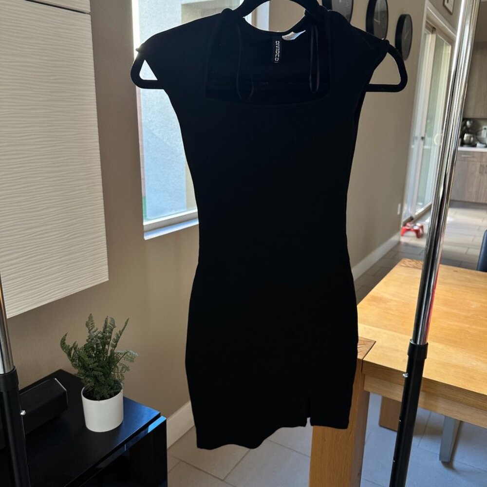 H&M - Black square neck, mini dress, with small slit.